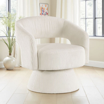 Rayne Swivel Accent Chair, Ivory Corduroy, Round Metal Swivel Base