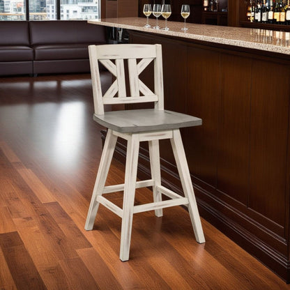 Ati Swivel Counter Height Chair Set of 2, Slatted White Wood, Gray
