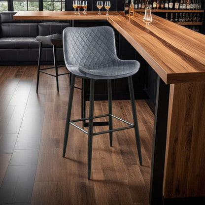 Aniya Bar Stool Chair Set of 2, Black Metal Legs, Dark Blue Velvet