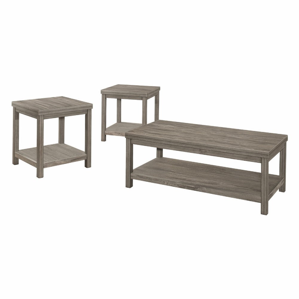 Rie 3pc Coffee Table Set with 2 End Tables, Lower Shelves, Gray Wood