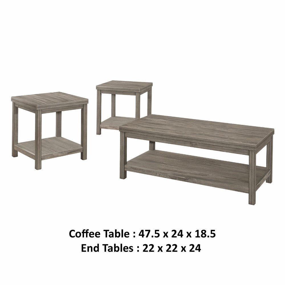 Rie 3pc Coffee Table Set with 2 End Tables, Lower Shelves, Gray Wood