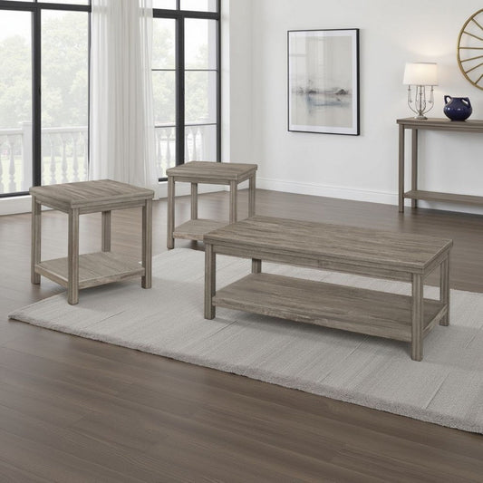 Rie 3pc Coffee Table Set with 2 End Tables, Lower Shelves, Gray Wood