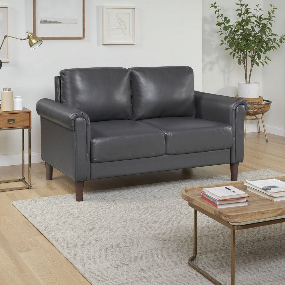 Lo Loveseat w Rolled Arms, Mid Century Brown Faux Leather 57 Inch