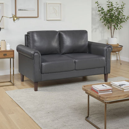 Lo Loveseat w Rolled Arms, Mid Century Dark Brown Faux Leather 57 Inch