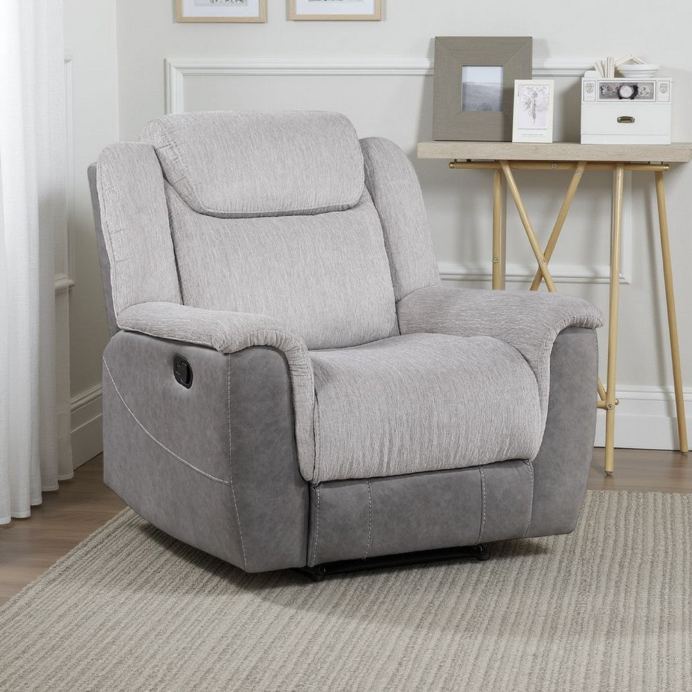 Manual Recliner Chair, 38 Inch, Gray Polyester Padded Seat, Pull Tab