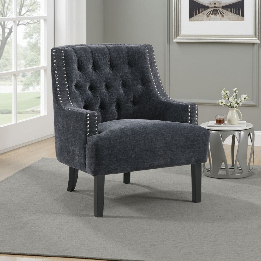 Daisie Accent Armchair, Button Tufted Gray Chenille, Solid Wood
