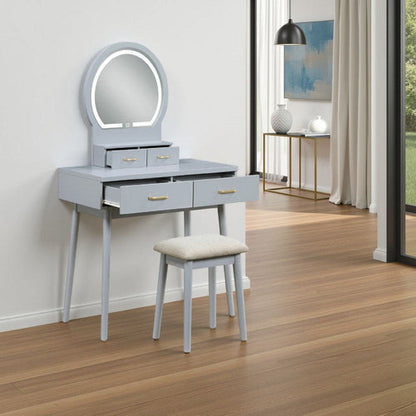Anvy Vanity Desk Set with Mirror and Stool, 4 Drawers, Gray Wood