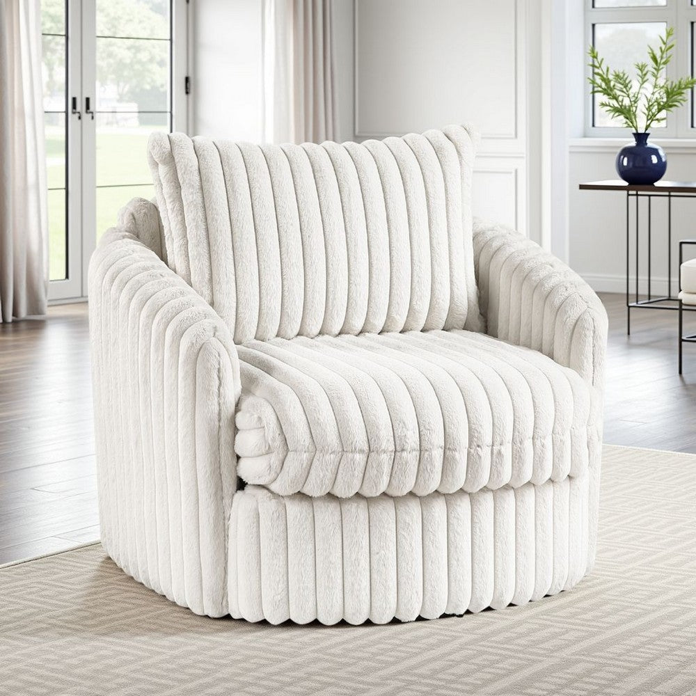 Goro Round Swivel Accent Chair, 39 Inch, Beige Corduroy, Solid Wood