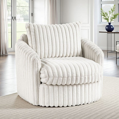 Goro Round Swivel Accent Chair, 39 Inch, Beige Corduroy, Solid Wood