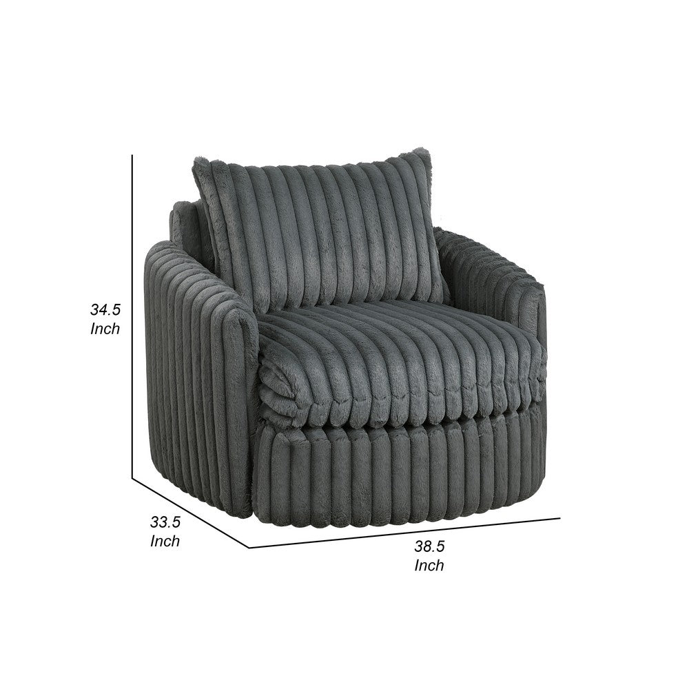 Goro Round Swivel Accent Chair, 39 Inch, Gray Corduroy, Solid Wood