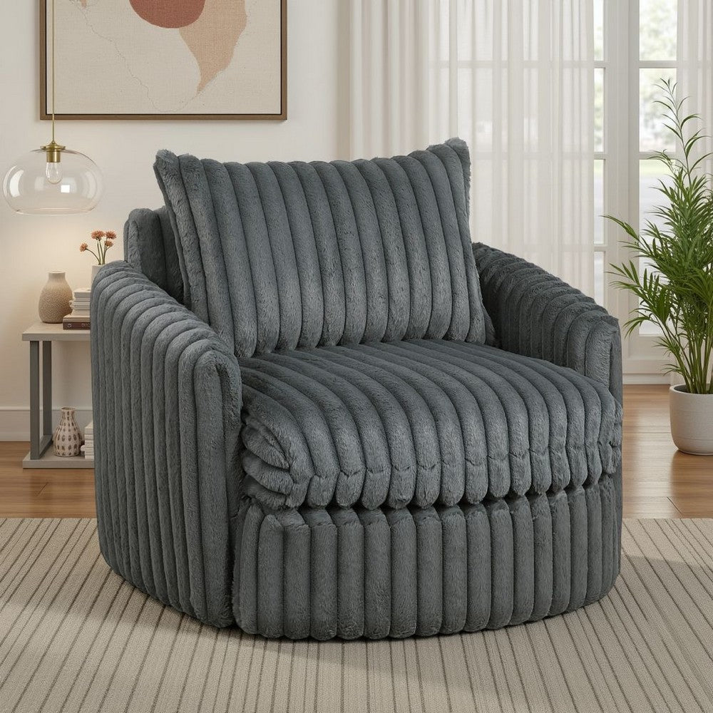 Goro Round Swivel Accent Chair, 39 Inch, Gray Corduroy, Solid Wood