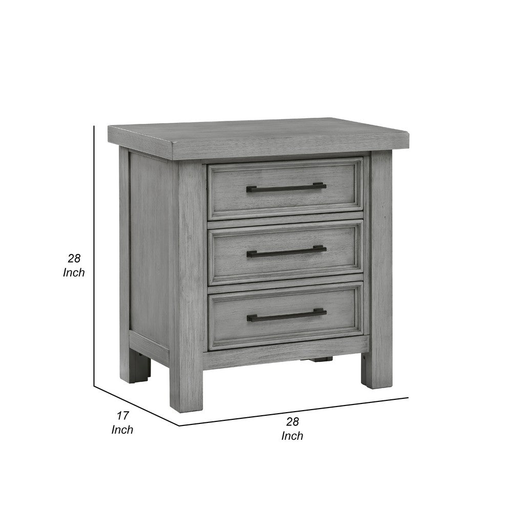 Daisy Nightstand, Gray Mango Veneer, 3 Drawers, Bronze Metal Knobs
