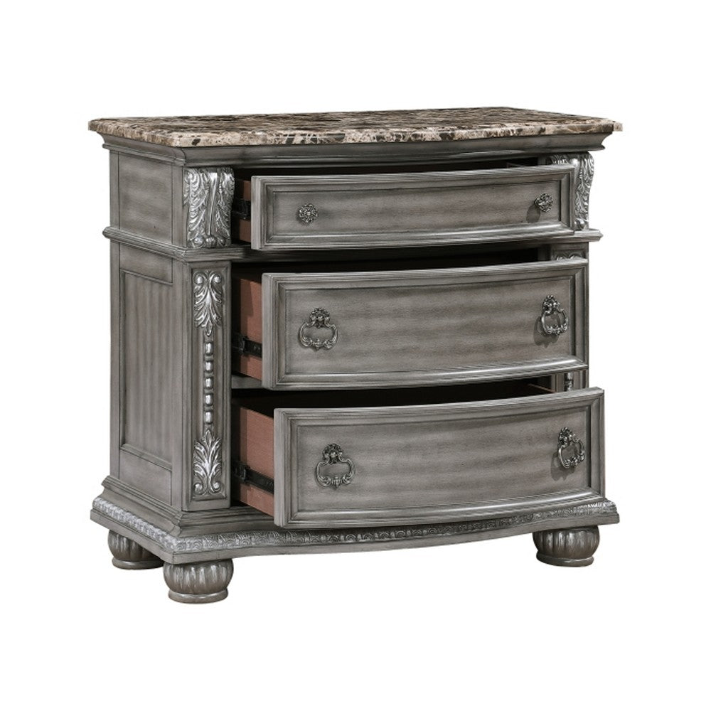 Toga 3 Drawer Nightstand, Gray Acacia Wood Carved Details, 35 Inch