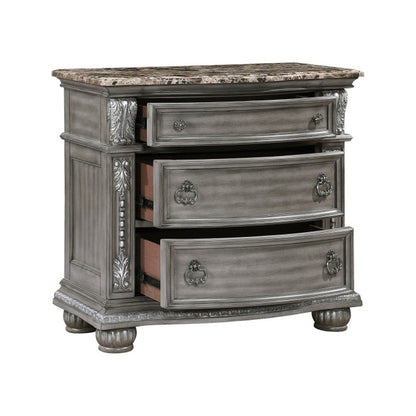 Toga 3 Drawer Nightstand, Gray Acacia Wood Carved Details, 35 Inch