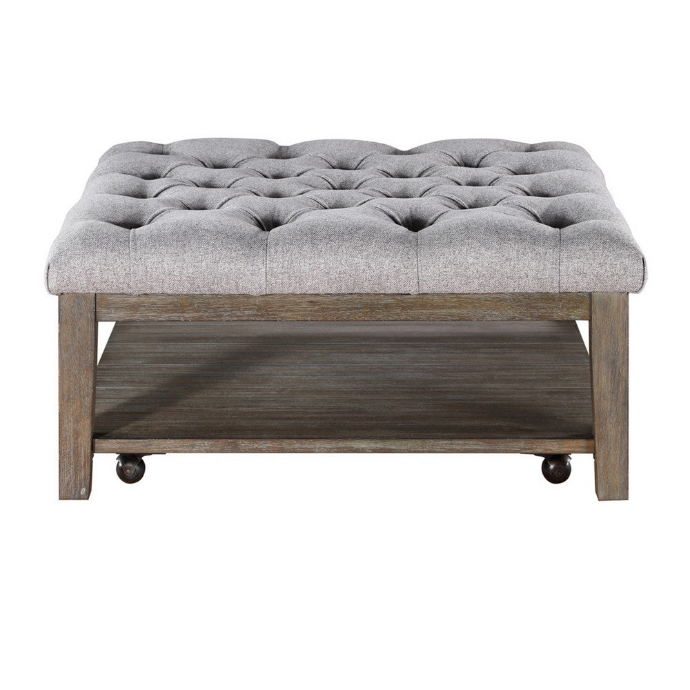 Bori Coffee Table Ottoman, 39 Inch Button Tufted Gray, Brown Wood