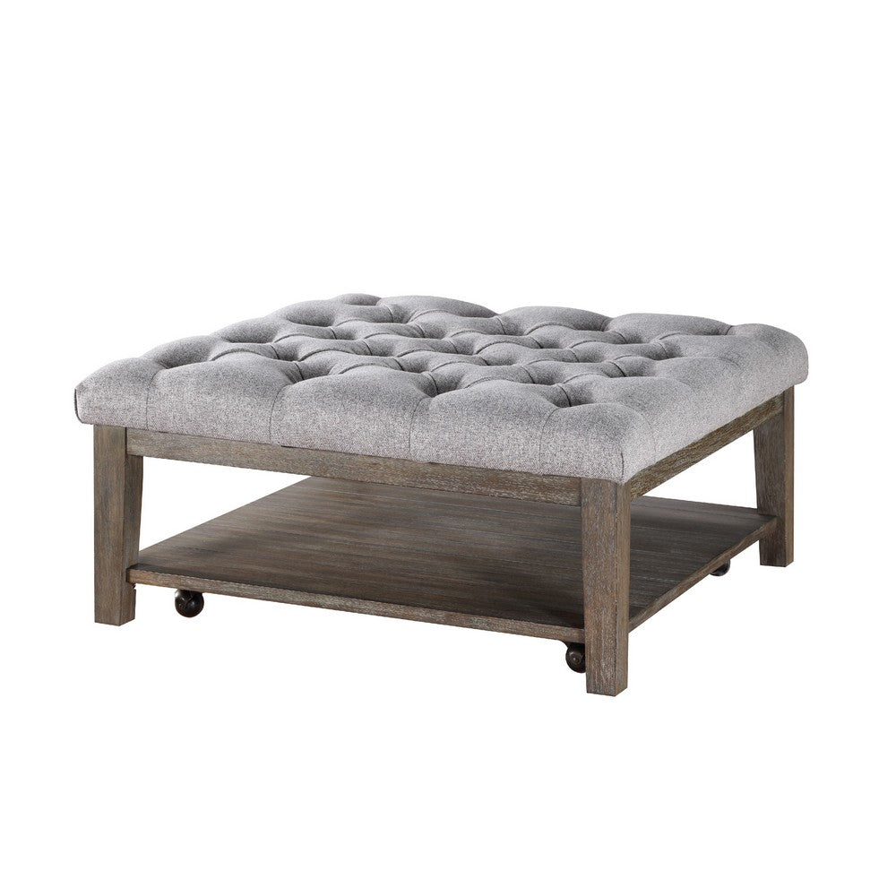 Bori Coffee Table Ottoman, 39 Inch Button Tufted Gray, Brown Wood