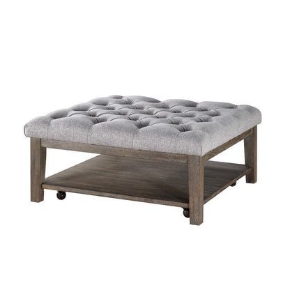 Bori Coffee Table Ottoman, 39 Inch Button Tufted Gray, Brown Wood