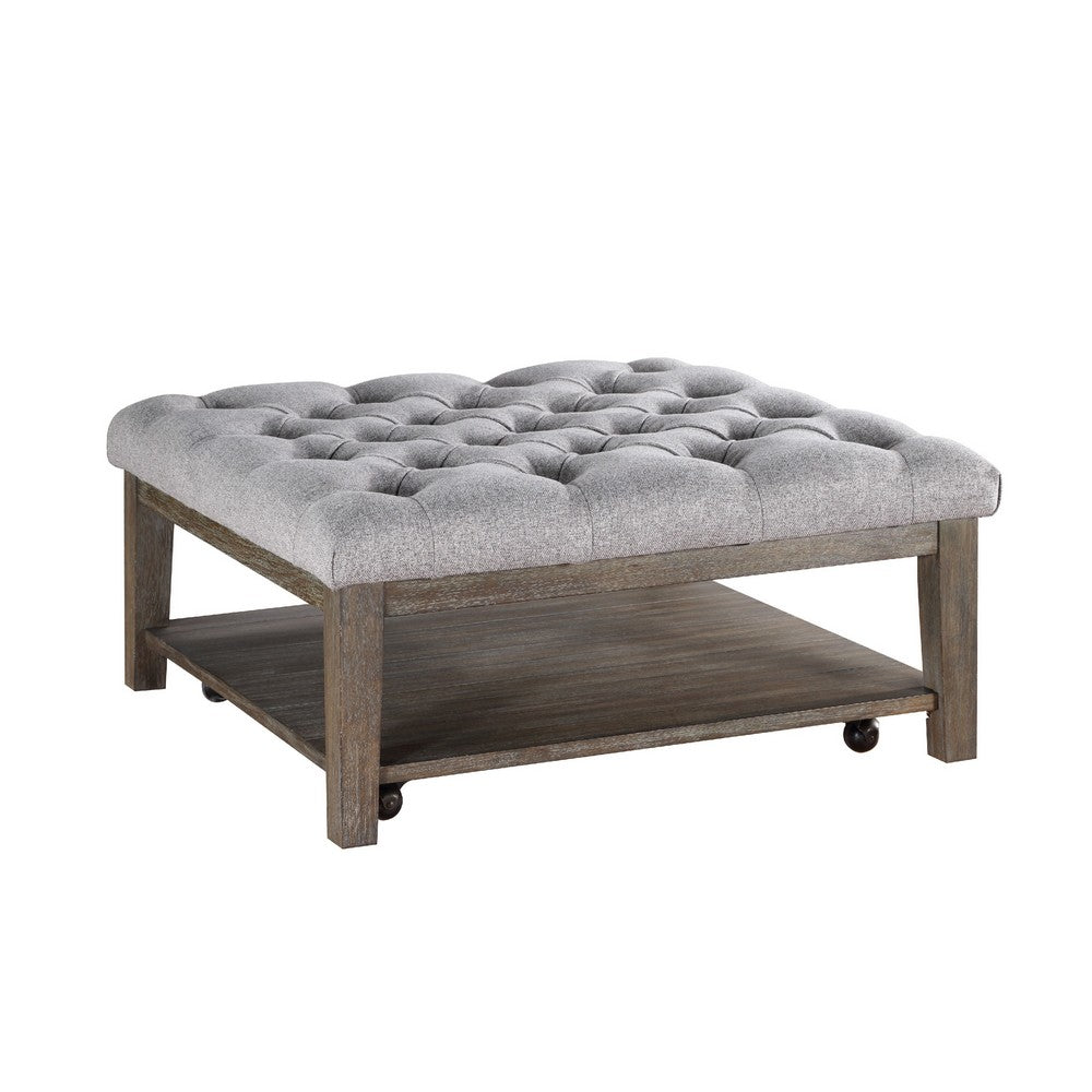 Bori Coffee Table Ottoman, 39 Inch Button Tufted Gray, Brown Wood