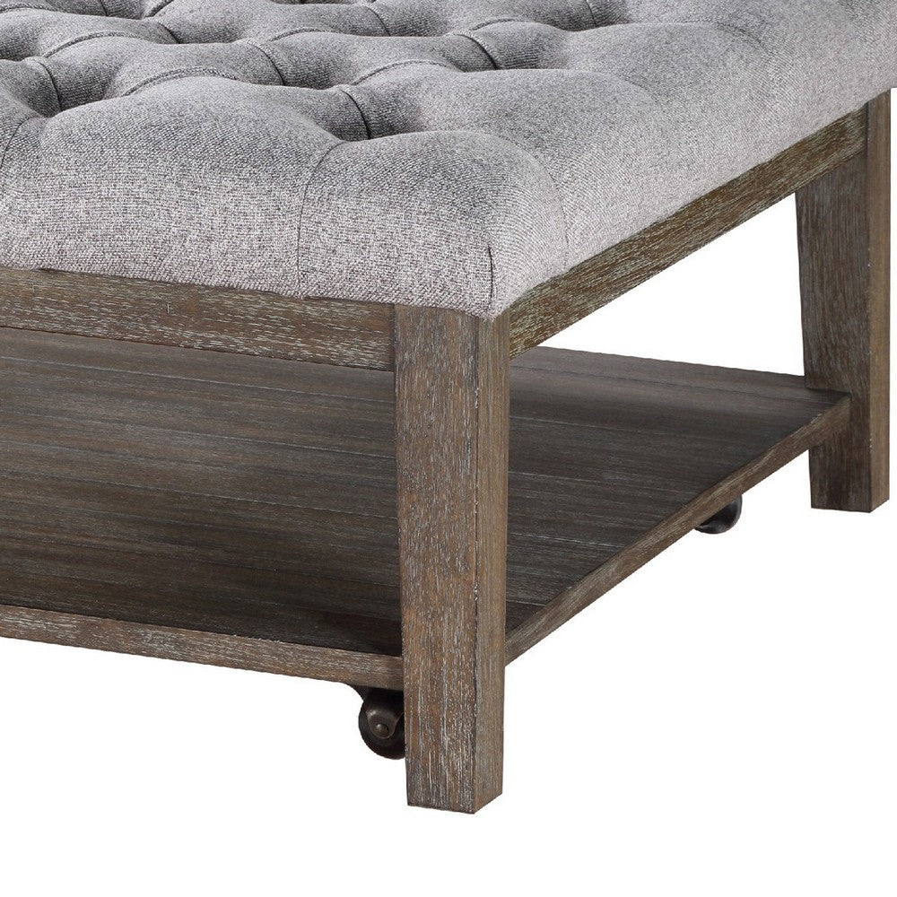 Bori Coffee Table Ottoman, 39 Inch Button Tufted Gray, Brown Wood