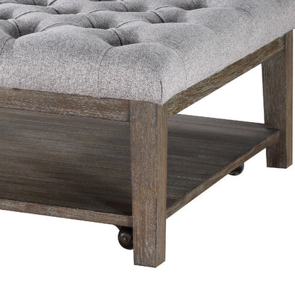 Bori Coffee Table Ottoman, 39 Inch Button Tufted Gray, Brown Wood