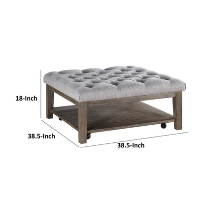 Bori Coffee Table Ottoman, 39 Inch Button Tufted Gray, Brown Wood