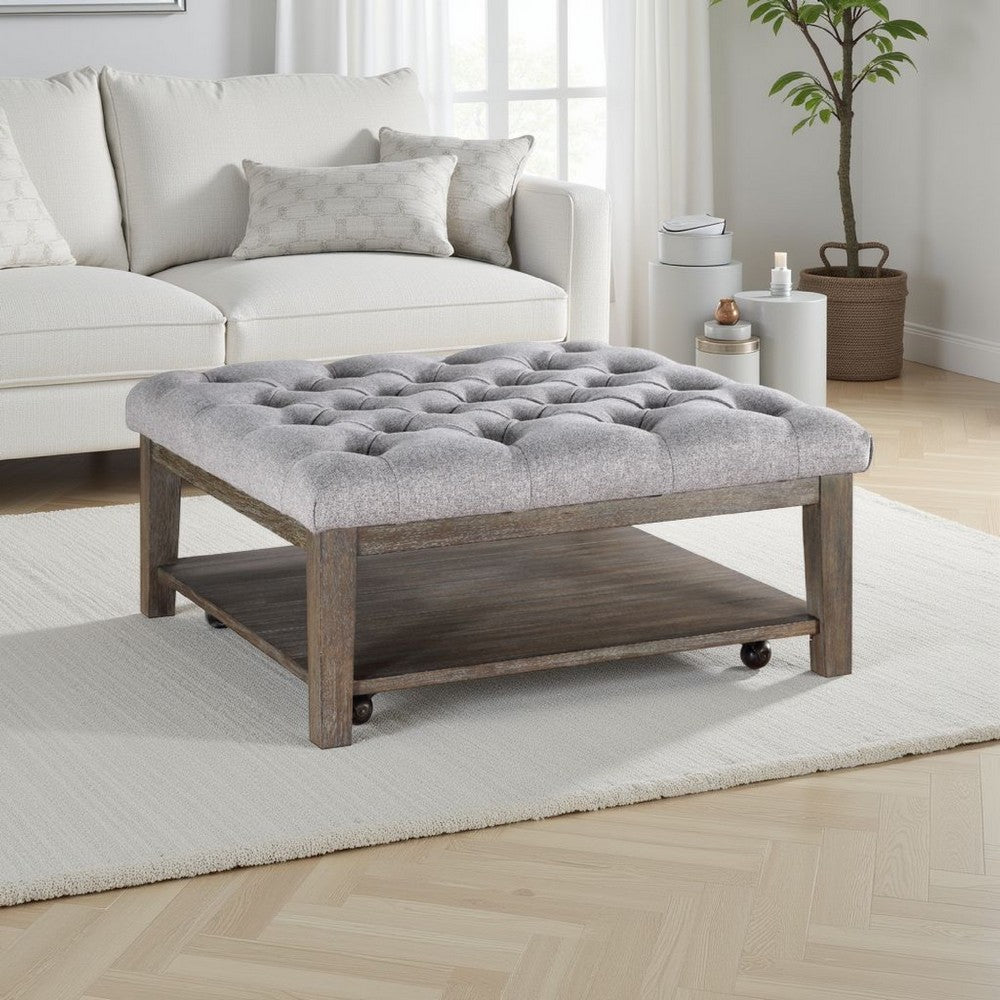 Bori Coffee Table Ottoman, 39 Inch Button Tufted Gray, Brown Wood