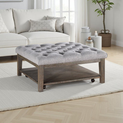 Bori Coffee Table Ottoman, 39 Inch Button Tufted Gray, Brown Wood