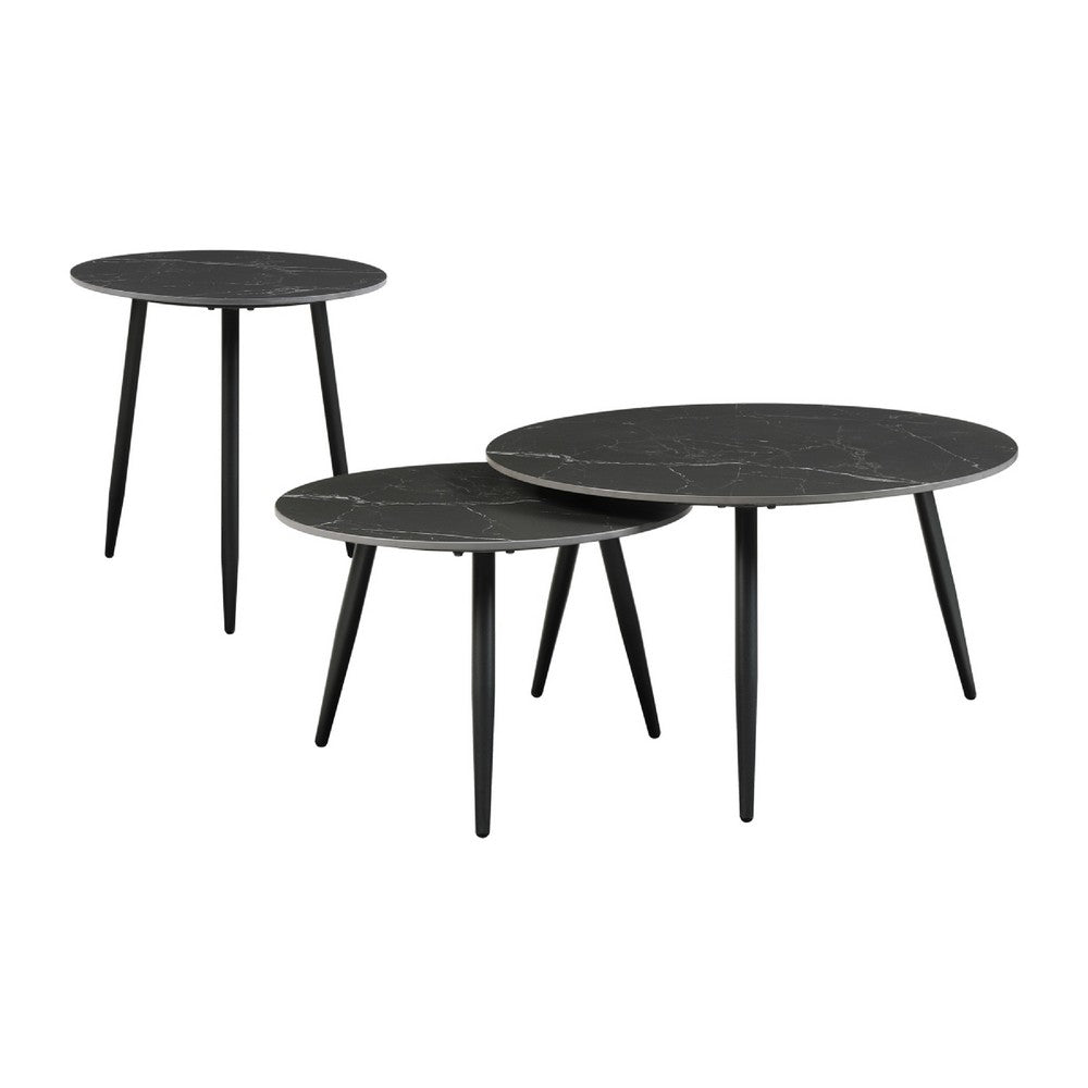 Lyra 3pc Occasional Coffee Table Set, Nesting Black Stone Top, Black