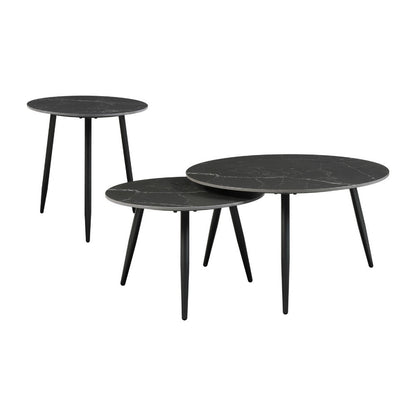 Lyra 3pc Occasional Coffee Table Set, Nesting Black Stone Top, Black