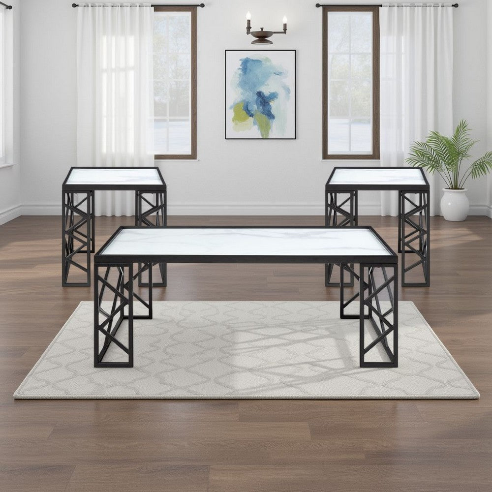 Anya 3pc Coffee and End Table Set, White Marble Print Glass Top, Black
