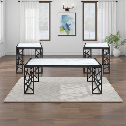 Anya 3pc Coffee and End Table Set, White Marble Print Glass Top, Black