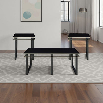 Zamie 3pc Coffee and End Table Set, Black Glass Top, Gold Accents