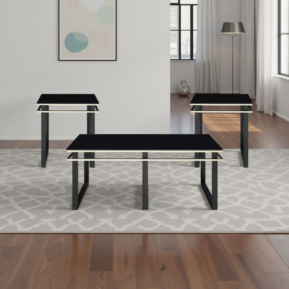 Zamie 3pc Coffee and End Table Set, Black Glass Top, Gold Accents