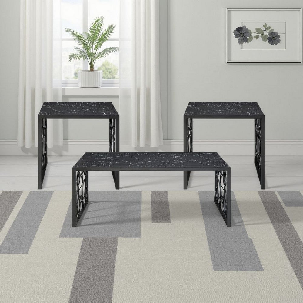 Melin 3pc Coffee and End Table Set, Geometric, Black Glass Marbled Top