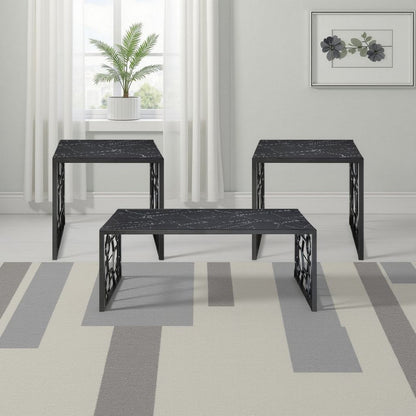Melin 3pc Coffee and End Table Set, Geometric, Black Glass Marbled Top