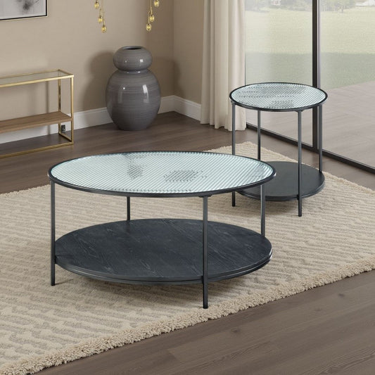 Deena 2pc Coffee and End Table Set, Fluted Glass Top, Black Metal