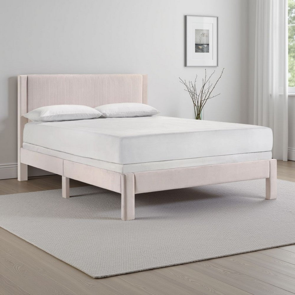 Cery Full Size Platform Bed, Pink Upholstery, Textured Headboard