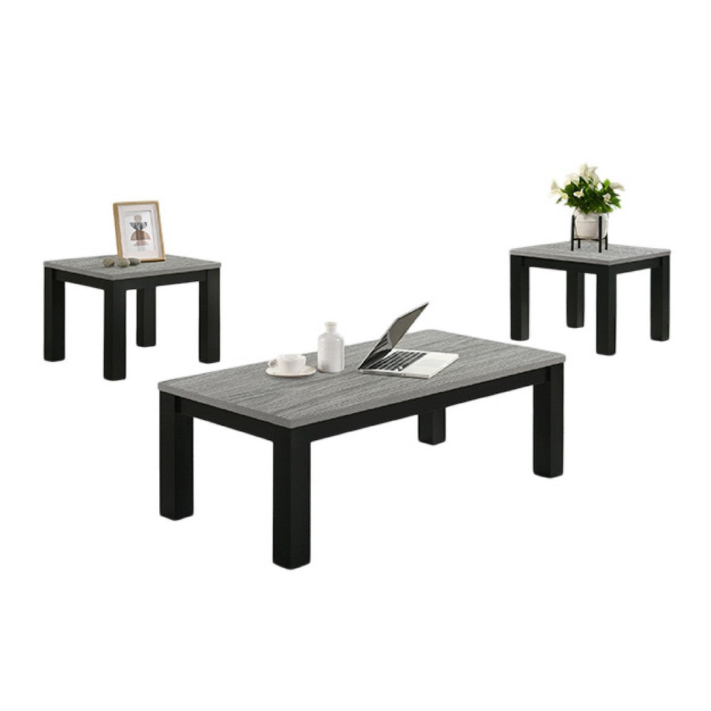 Tex 3pc Coffee and Side End Table Set, Gray Top, Black Wood Legs
