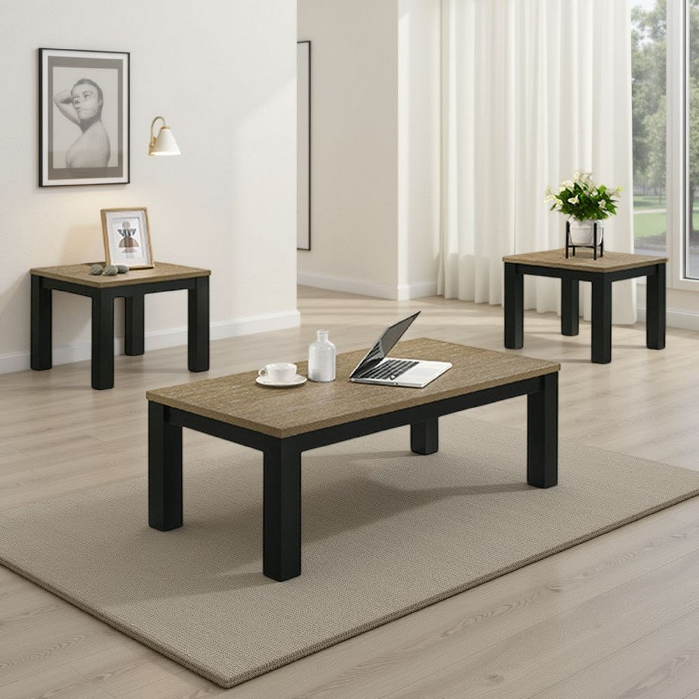 Tex 3pc Coffee and Side End Table Set, Brown Top, Black Wood Legs