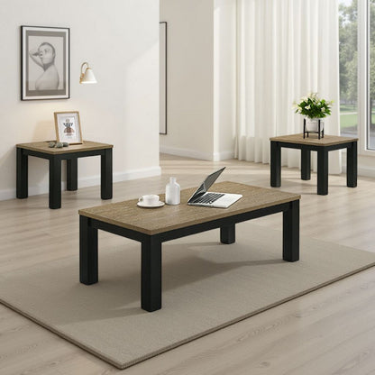 Tex 3pc Coffee and Side End Table Set, Brown Top, Black Wood Legs