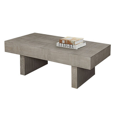 Lezy Coffee Table, 52 Inch, Gray Oak Wood Top, Double Pedestal Base