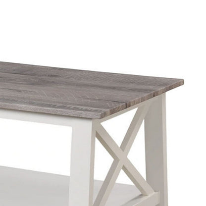 Heo 3pc Coffee and Side End Table Set, Gray Wood Top, White X Legs