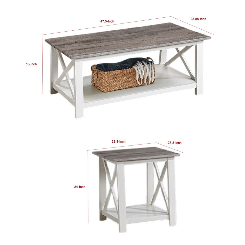 Heo 3pc Coffee and Side End Table Set, Gray Wood Top, White X Legs
