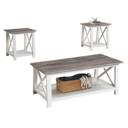 Heo 3pc Coffee and Side End Table Set, Gray Wood Top, White X Legs