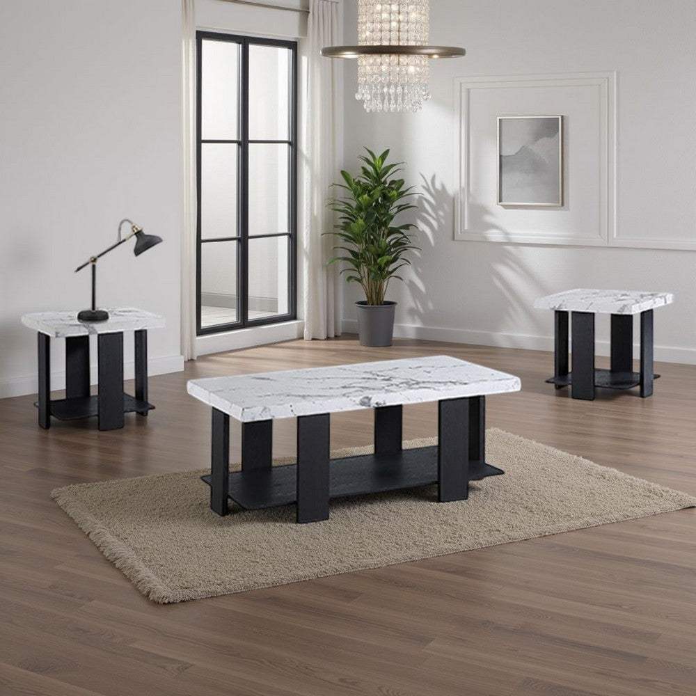 Birz 3pc Coffee and Side End Table Set, Beige Wood Top, Gray Base