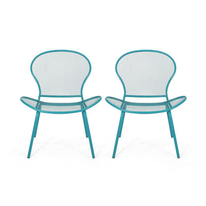 Nian Accent Chair Set of 2, Shell Shape Mesh Seat, Reto Teal Blue Iron