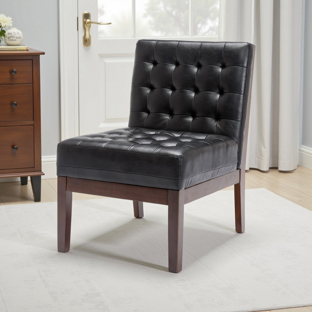 Keyur Accent Chair, Rubberwood Legs, Black Waffle-Stitch Faux Leather
