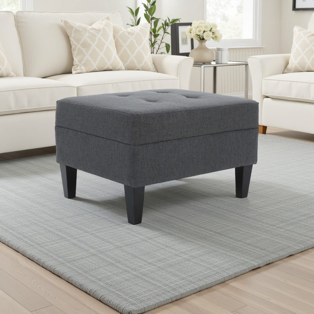 Sabby Ottoman with Tapered Birch Wood Legs, Dark Gray Fabric 29 Inch