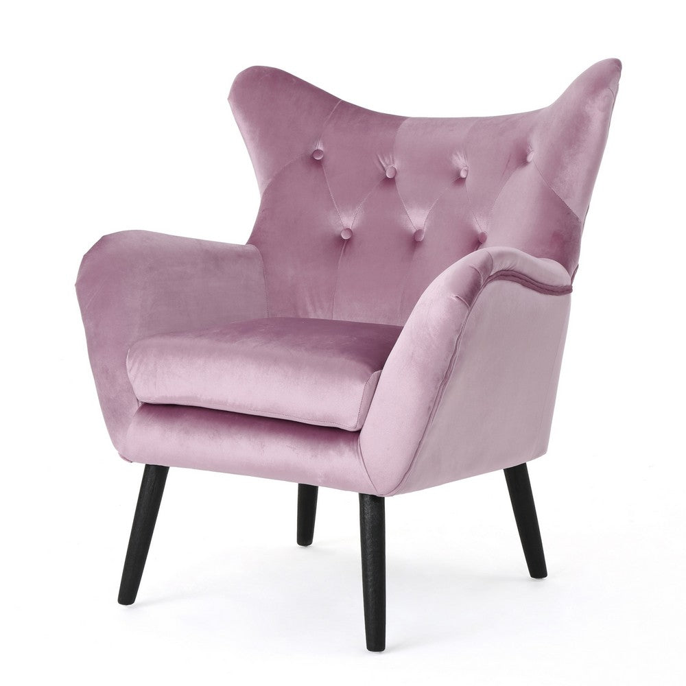 Zorro Accent Armchair, Black Angled Wood Legs, Pink Tufted Velvet
