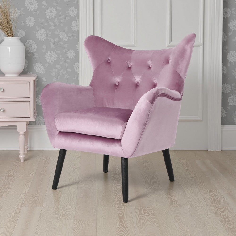 Zorro Accent Armchair, Black Angled Wood Legs, Pink Tufted Velvet